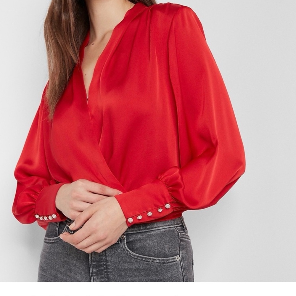 Express Red Satin Wrap Blouse with Pearl-Button Cuffs